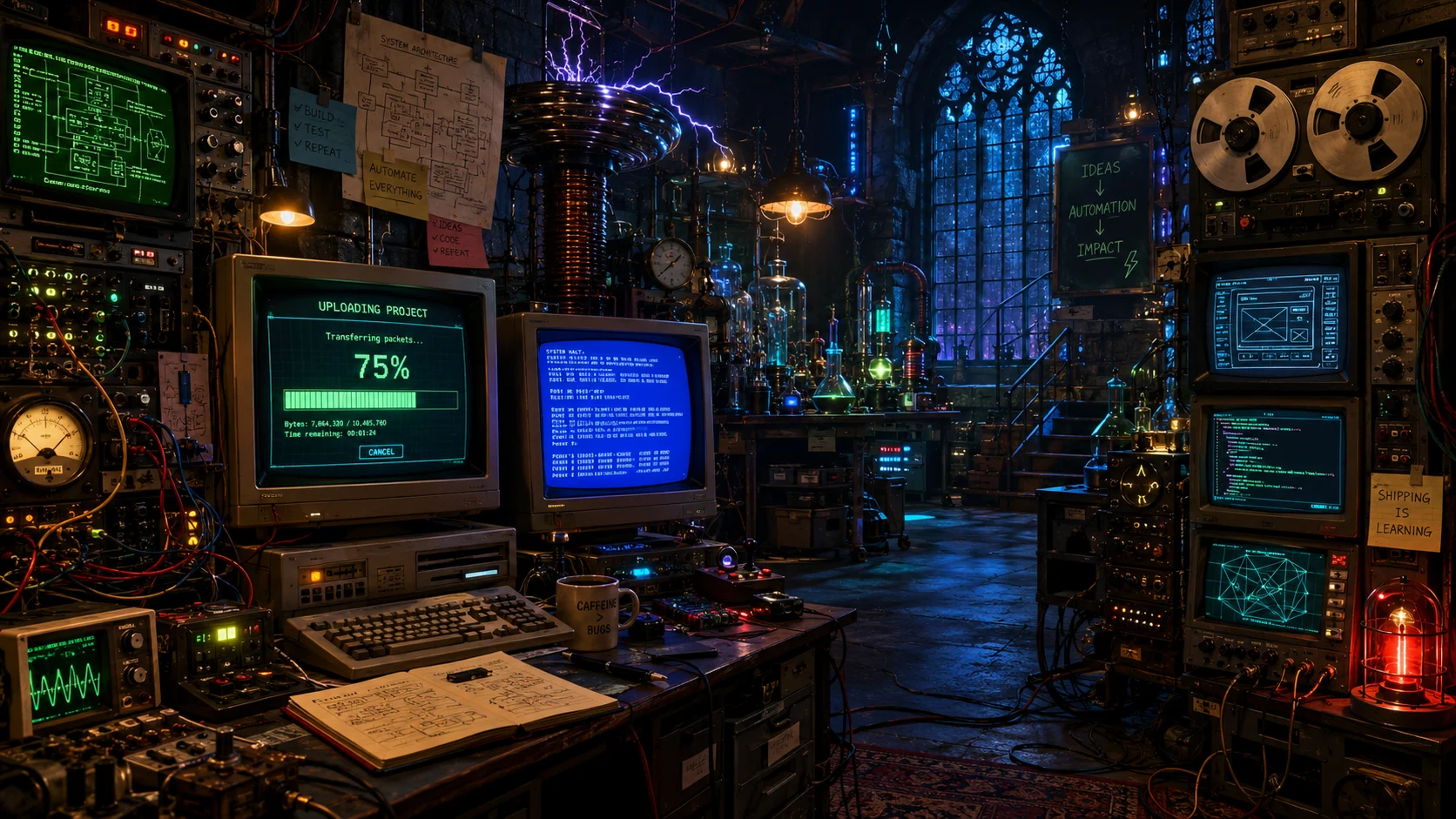 A richly detailed experimental lab filled with computers, electronics and automation notes