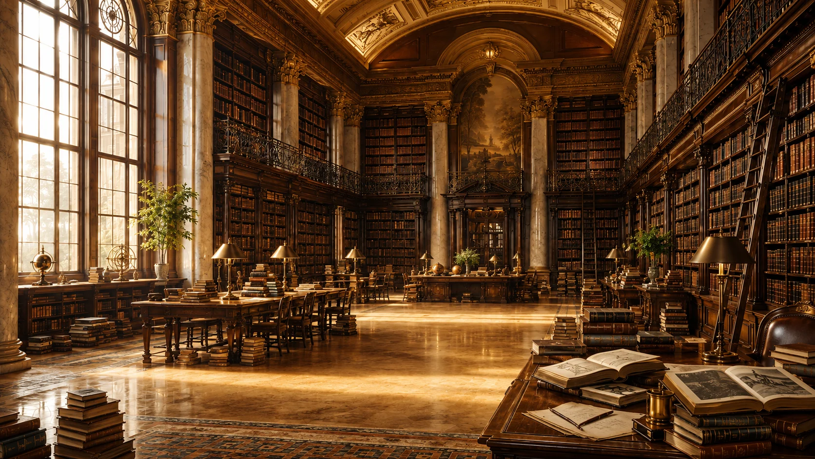 A grand historic library filled with books, reading tables and warm sunlight