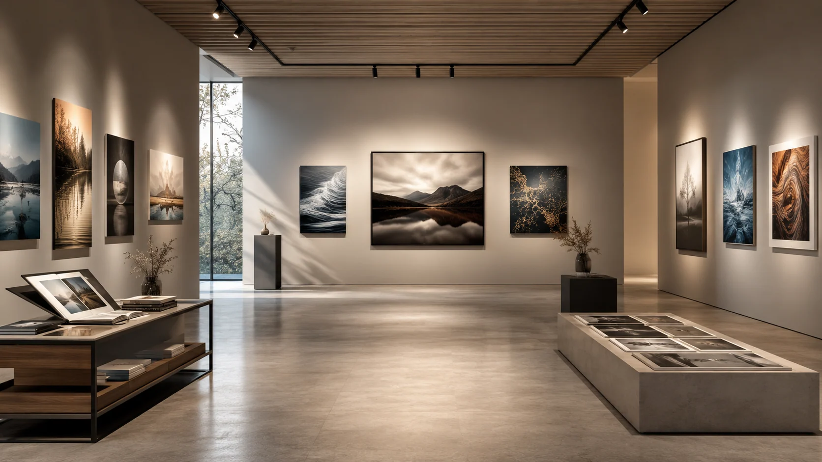 A contemporary gallery displaying selected landscape and abstract artwork