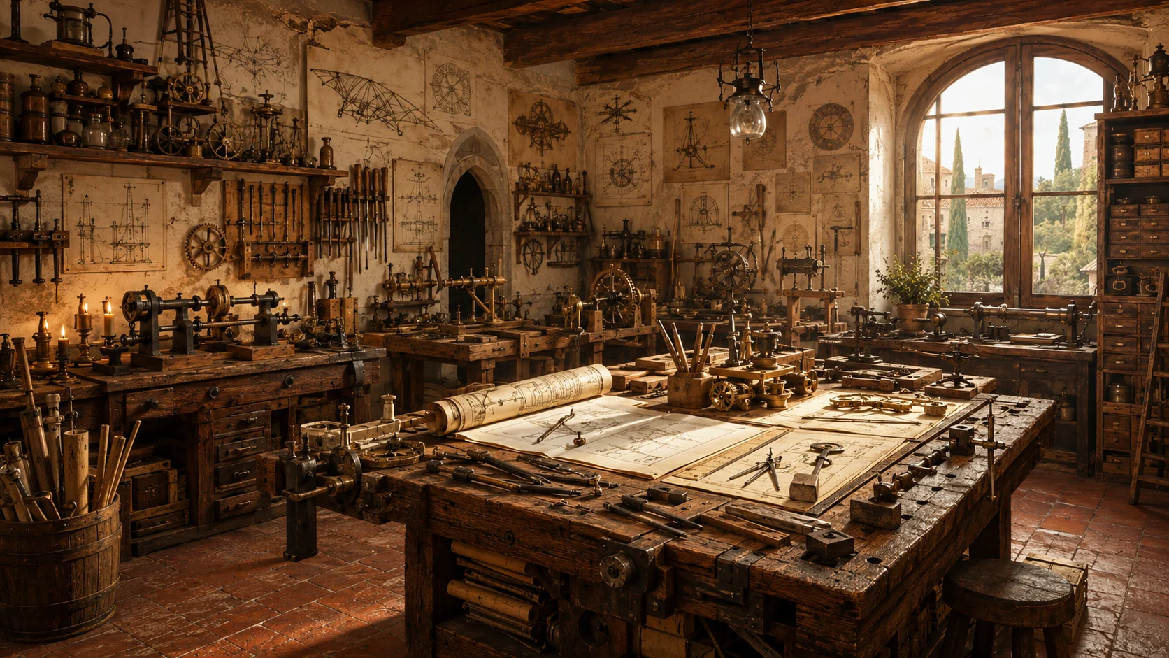 A sunlit traditional workshop filled with workbenches, tools and technical drawings